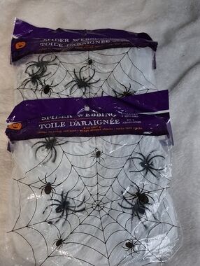 Spider Webbing Halloween Party Decor - White with Black Spiders